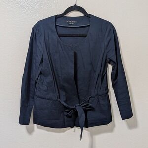 Theory Stretch Linen Blend Tie‎ Waist Jacket Dark Blue 10